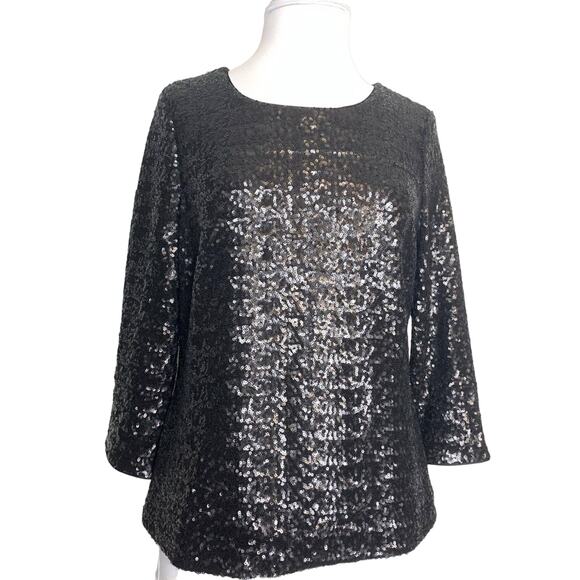 Boden full sequin 3/4 sleeve top Sz 6 black - Picture 1 of 6